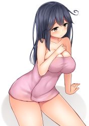 Rule 34 | 10s, 1girl, ahoge, bare shoulders, black eyes, black hair, blush, breasts, collarbone, covered navel, hand on own chest, kantai collection, large breasts, long hair, looking to the side, mizushina minato, naked towel, pink towel, simple background, sitting, solo, towel, ushio (kancolle), white background