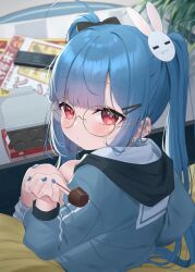 Rule 34 | 1girl, absurdres, black bow, blue hair, blue hoodie, blush, bow, brown-framed eyewear, chocolate, closed mouth, commentary request, controller, ear piercing, earrings, food, from behind, hair bow, hair ornament, hairclip, highres, holding, holding food, hood, hood down, hoodie, jewelry, looking at viewer, looking back, loose socks, original, piercing, rabbit hair ornament, red eyes, remote control, round eyewear, sitting, socks, solo, striped clothes, striped socks, table, tsukiman, twintails