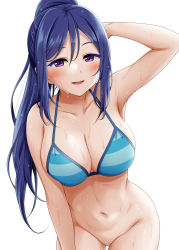 Rule 34 | 1girl, :d, absurdres, arm up, armpits, arms behind head, bare arms, bikini, bikini top only, blue bikini, blue hair, blush, bottomless, breasts, cleavage, cleft of venus, collarbone, hair between eyes, halterneck, high ponytail, highres, large breasts, leaning forward, long hair, looking at viewer, love live!, love live! sunshine!!, matsuura kanan, miel (lessontome), navel, open mouth, ponytail, purple eyes, sidelocks, simple background, smile, solo, striped bikini, striped clothes, swimsuit, teeth, thighs, uncensored, upper teeth only, wet, wet hair, white background