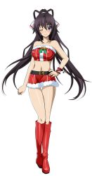 Rule 34 | 10s, 1girl, belt, black hair, boots, full body, hand on own hip, highres, infinite stratos, long hair, looking at viewer, miniskirt, navel, one eye closed, ponytail, purple eyes, red footwear, red skirt, santa costume, shinonono houki, skirt, smile, solo, transparent background