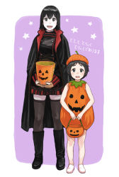Rule 34 | 2girls, adapted costume, akitsu maru (kancolle), black hair, boots, brown hair, bucket, cape, fangs, full body, green eyes, hair between eyes, halloween, halloween costume, hat, jack-o&#039;-lantern, kantai collection, looking at viewer, maru-yu (kancolle), multiple girls, open mouth, outside border, pumpkin costume, pumpkin hat, shoes, short hair, simple background, skirt, smile, star (symbol), thighhighs, thighhighs under boots, translation request, vampire costume