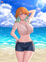 Rule 34 | 1girl, :q, absurdres, arm up, azurecruiser, beach, blue shorts, blue sky, breasts, closed mouth, cloud, colored inner hair, cowboy shot, day, denim, denim shorts, feathers, green feathers, green hair, groin, hand on own hip, highres, hololive, hololive english, large breasts, lens flare, long hair, looking at viewer, multicolored hair, navel, ocean, orange hair, outdoors, panty straps, patreon username, purple eyes, shirt, short shorts, shorts, sky, solo, stomach, sunlight, takanashi kiara, thigh gap, thighs, tongue, tongue out, two-tone hair, virtual youtuber, wet, wet clothes, wet shirt