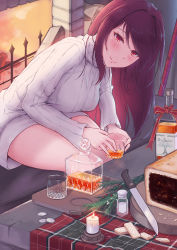 Rule 34 | 1girl, alcohol, alternate costume, black bun, blush, bottle, breasts, candle, closed mouth, coin, cookie, couch, cup, dress, drink, drinking glass, eliskalti, fate/grand order, fate (series), fire, fireplace, food, gae bolg (fate), head tilt, highres, holding, holding cup, holding drinking glass, indoors, knife, leaning forward, lips, long hair, long sleeves, medium breasts, money, on couch, purple hair, red eyes, red ribbon, ribbon, salt, salt shaker, scathach (fate), scathach (fate), sitting, smile, solo, sweater, sweater dress, thighs, tray, turtleneck, turtleneck sweater, very long hair, whiskey, white dress, white sweater, wood