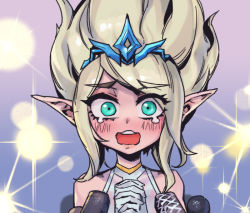 Rule 34 | 1girl, bare shoulders, blonde hair, blush, commentary, english commentary, gradient background, green eyes, interlocked fingers, janna (league of legends), league of legends, light, long hair, looking at viewer, own hands together, phantom ix row, pointy ears, press conference, solo, teeth, tiara, upper teeth only