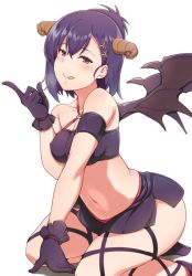 Rule 34 | 10s, 1girl, :q, bad id, bad twitter id, bat wings, black gloves, blush, breasts, covered erect nipples, demon girl, demon horns, gabriel dropout, gloves, hair ornament, heavy breathing, horns, index finger raised, kneeling, looking at viewer, medium breasts, midriff, navel, pencil skirt, purple eyes, purple hair, short hair, simple background, skirt, smile, solo, suisen toire (moko924), thigh strap, tongue, tongue out, vignette tsukinose april, white background, wings, x hair ornament