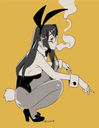 Rule 34 | 1girl, animal ears, artist name, bad id, bad twitter id, callan (callancoe), cigarette, detached collar, fake animal ears, full body, greyscale, greyscale with colored background, kantai collection, leotard, long hair, monochrome, necktie, ooyodo (kancolle), pantyhose, playboy bunny, rabbit ears, rabbit tail, semi-rimless eyewear, simple background, smoking, solo, spot color, squatting, tail, wrist cuffs, yellow background