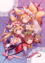 Rule 34 | 3girls, animal ear fluff, animal ears, animal hat, blush, bow, breasts, brown eyes, brown hair, cat ears, cat tail, chen, chen (cat), choker, cleavage, commentary request, dress, earrings, fox tail, gap (touhou), green headwear, hair bow, hand puppet, hands in opposite sleeves, hat, hat ribbon, highres, jewelry, large breasts, long hair, long sleeves, looking at viewer, low-tied long hair, masanaga (tsukasa), mob cap, multiple bows, multiple girls, multiple tails, one eye closed, open mouth, puppet, purple dress, purple eyes, red choker, red ribbon, ribbon, ribbon choker, short hair, single earring, smile, tabard, tail, tassel, touhou, white headwear, yakumo ran, yakumo ran (fox), yakumo yukari, yakumo yukari (axolotl), yellow eyes