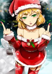 Rule 34 | 1girl, bare shoulders, blonde hair, collarbone, commentary request, double middle finger, earrings, garter straps, green eyes, hat, highres, jewelry, long sleeves, looking at viewer, middle finger, mizuhashi parsee, pointy ears, red thighhighs, santa costume, santa hat, sinzan, solo, thighhighs, tongue, tongue out, touhou, zettai ryouiki