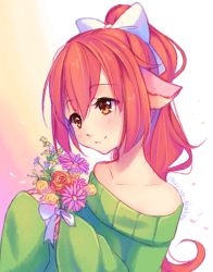 Rule 34 | 1girl, animal ears, artist name, bare shoulders, blush, borrowed character, bouquet, bow, brown eyes, closed mouth, collarbone, commission, dog ears, eyebrows, flat chest, flower, gradient background, green sweater, hair bow, head tilt, holding, holding flower, hyanna-natsu, long hair, long sleeves, off-shoulder, off-shoulder sweater, off shoulder, original, petals, ponytail, red hair, simple background, sleeves past wrists, solo, sweater, tareme, very long hair, white bow