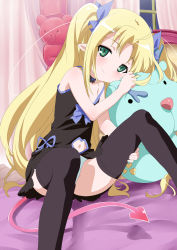 Rule 34 | 1girl, absurdres, ahoge, aqua panties, astarotte ygvar, bare shoulders, bear, bed, black dress, black neckwear, black thighhighs, blonde hair, blue bow, blue ribbon, blush, bow, breasts, choker, closed mouth, clothing cutout, curtains, demon tail, dress, fang, green eyes, grezia, hair bow, hair ribbon, hand on own thigh, head tilt, heart, highres, indoors, knees up, light smile, long hair, looking at viewer, lotte no omocha!, navel, navel cutout, night, no bra, on bed, panties, pantyshot, parted bangs, ribbon, short dress, sidelocks, sitting, small breasts, smile, solo, spread legs, strap gap, strap slip, stuffed animal, stuffed toy, tail, thighhighs, twintails, two side up, underwear, very long hair, wanaca, window