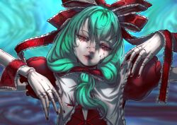 Rule 34 | 1girl, absurdres, closed mouth, commentary, cracked skin, doll joints, dress, english commentary, frilled ribbon, frills, front ponytail, green hair, hair ribbon, hands up, head tilt, highres, joints, kagiyama hina, long hair, looking at viewer, luo qiangwei, nail polish, pale skin, puffy short sleeves, puffy sleeves, red dress, red eyes, red nails, red ribbon, ribbon, short sleeves, solo, straight-on, touhou, upper body