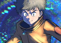 Rule 34 | 1boy, digimon, digimon ghost game, digimon survive, hinata minoru, looking at viewer, male focus, parody, short hair, smile, solo