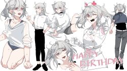Rule 34 | 1girl, animal ears, black footwear, black one-piece swimsuit, black pants, cat ears, chinese commentary, collared shirt, commentary request, dress, gloves, grey hair, grey pants, grey shorts, hair ornament, hairclip, happy birthday, hat, highres, kemonomimi mode, long sleeves, looking at viewer, molu stranger, multiple views, nijisanji, nurse cap, one-piece swimsuit, one eye closed, open mouth, pants, pink eyes, pointing, pointing at viewer, shirt, shorts, simple background, sukoya kana, sukoya kana (1st costume), swimsuit, tongue, tongue out, twintails, virtual youtuber, wet, white background, white dress, white gloves, white shirt, x hair ornament