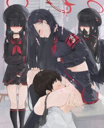 Rule 34 | 1boy, 3girls, black gloves, black hair, black sailor collar, black serafuku, black shirt, black skirt, blue archive, blue eyes, blunt bangs, blush, bow, breasts, closed eyes, clothes lift, cunnilingus, dema hmw, duplicate, female pubic hair, gloves, hair over eyes, halo, hetero, highres, ichika (blue archive), justice task force member (blue archive), large breasts, lifted by self, long hair, looking at viewer, multiple girls, neckerchief, open mouth, oral, panties, pleated skirt, pubic hair, red eyes, red neckerchief, sailor collar, school uniform, serafuku, shirt, sitting, skirt, skirt lift, small breasts, smile, underwear