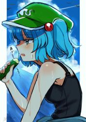 Rule 34 | 1girl, black tank top, blue eyes, blue hair, blush, cucumber, flat cap, food, from side, green hat, hair bobbles, hair ornament, hat, holding, holding food, holding vegetable, ishiki nuru, kawashiro nitori, open mouth, profile, short hair, solo, sweat, tank top, touhou, two side up, vegetable