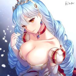 Rule 34 | 1girl, angeline, artist name, blue hair, breasts, brown eyes, choker, cleavage, collarbone, dress, drill hair, earrings, gradient background, hand up, hi-na1, jewelry, large breasts, long hair, looking at viewer, puffy sleeves, red choker, sennen sensou aigis, simple background, solo, tiara, upper body, white dress