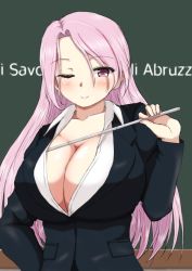 Rule 34 | 1girl, alternate costume, alumina1863, blush, breasts, chalkboard, character name, cleavage, formal, holding, kantai collection, large breasts, long hair, long sleeves, luigi di savoia duca degli abruzzi (kancolle), one eye closed, pink eyes, pink hair, pointer, smile, solo, suit, teacher, upper body