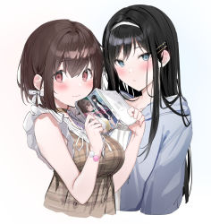 Rule 34 | 2girls, black hair, blue eyes, blue jacket, blush, bow, bracelet, brown choker, brown hair, brown skirt, choker, closed mouth, commentary request, dress, hair between eyes, hair bow, hair ornament, hairband, hairclip, hands up, highres, holding, holding manga, hood, hood down, hooded jacket, jacket, jewelry, long hair, looking at viewer, manga (object), mole, mole under eye, multiple girls, novel illustration, official art, open clothes, open jacket, original, plaid, plaid dress, red eyes, shirt, short hair, simple background, skirt, sleeveless, sleeveless dress, straight hair, tareme, upper body, white background, white bow, white hairband, white shirt, xretakex