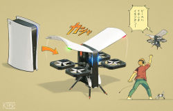 Rule 34 | 1boy, barefoot, blue pants, brown background, brown hair, drone, from side, game console, headset, highres, ka92, original, pants, playstation 5, playstation controller, reaching, reaching towards viewer, red shirt, robot, running, shirt, signature, simple background, sony, surprised, transformation