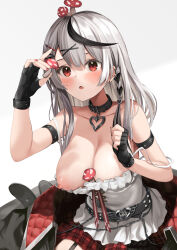 Rule 34 | 1girl, arm garter, arou (arrow x666), bare shoulders, black collar, black hair, blush, braid, breasts, camisole, collar, collarbone, fingerless gloves, garter straps, gloves, grey hair, hair ornament, highres, hololive, large breasts, long hair, looking at viewer, multicolored hair, mushroom, nipples, off-shoulder jacket, off shoulder, one breast out, open mouth, plaid, plaid skirt, red eyes, sakamata chloe, sakamata chloe (1st costume), skirt, solo, streaked hair, virtual youtuber, white background, white camisole, x hair ornament