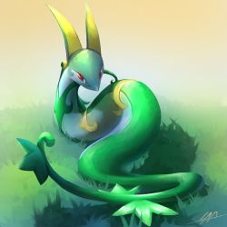 Rule 34 | absurdres, closed mouth, commentary, creatures (company), full body, game freak, gen 5 pokemon, grass, highres, likey, looking at viewer, nintendo, no humans, pokemon, pokemon (creature), red eyes, serperior, signature, snake, solo