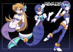 Rule 34 | 3girls, armor, blonde hair, blue armor, blue helmet, blush, breasts, cleavage, english text, fairy leviathan (mega man), full body, helmet, highres, koshianpancake, long hair, marty (mega man), mega man (classic), mega man (series), mega man x (manga), mega man x (series), mega man zero (series), mermaid, monster girl, multiple girls, one eye closed, purple eyes, robot girl, splash woman, trait connection