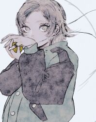 Rule 34 | 1girl, buttons, covering own mouth, green eyes, green jacket, hands up, highres, holding, jacket, long sleeves, looking at viewer, nail polish, original, pole mura, short hair, simple background, solo, string around finger, white nails