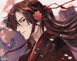 Rule 34 | 1boy, 66patch, artist name, black hair, black hanfu, chinese clothes, crowd, falling petals, flower, from side, hair flower, hair ornament, hair ribbon, half updo, hanfu, highres, long hair, looking back, modao zushi, petals, ponytail, red eyes, red flower, ribbon, smile, wei wuxian, wind, wind lift
