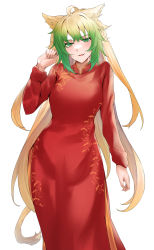 Rule 34 | 1girl, absurdres, ahoge, animal ear fluff, animal ears, atalanta (fate), blonde hair, breasts, cat ears, china dress, chinese clothes, commentary request, dress, fang, fate/apocrypha, fate (series), green hair, hand up, highres, long hair, long sleeves, looking at viewer, medium breasts, multicolored hair, parted lips, red dress, simple background, smile, solo, two-tone hair, two side up, very long hair, vietnamese dress, white background, yuki maccha (yukimattya10)