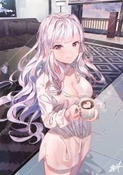 Rule 34 | 1girl, breasts, cleavage, closed mouth, cloud, cloudy sky, collarbone, collared shirt, commentary request, couch, cup, curtains, dress shirt, heart, holding, holding cup, idolmaster, idolmaster (classic), indoors, kuri choko, latte art, long hair, long sleeves, looking at viewer, medium breasts, mug, naked shirt, red eyes, sample watermark, shijou takane, shirt, signature, silver hair, sky, smile, solo, steam, table, very long hair, watermark, white shirt, window