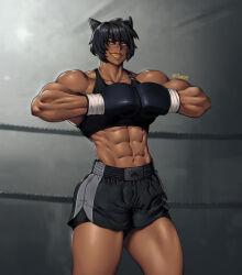 Rule 34 | 1girl, abs, animal ears, boxing gloves, boxing ring, boxing shorts, cat ears, cat girl, dark skin, highres, looking to the side, mootium, mouth guard, muscular, muscular female, original, shorts, signature, solo, thick thighs, thighs, yellow eyes