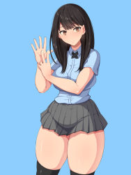 Rule 34 | 1girl, black hair, black thighhighs, blue background, breasts, brown eyes, curvy, emaason, highres, kisaragi iori, large breasts, long hair, looking at viewer, original, pleated skirt, simple background, skirt, smile, solo, standing, thick thighs, thighhighs, thighs, v
