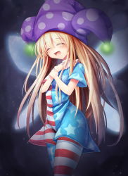 Rule 34 | 1girl, :d, ^ ^, american flag dress, american flag legwear, blonde hair, blush, closed eyes, clownpiece, cowboy shot, dress, eyes visible through hair, fairy wings, glowing, gradient background, hair between eyes, hat, highres, hip focus, holding own wrist, jester cap, long hair, open mouth, pantyhose, short dress, short hair, short sleeves, smile, solo, space, standing, star (symbol), striped clothes, striped dress, striped pantyhose, teeth, thighs, tongue, touhou, transparent, very long hair, wings, z.o.b