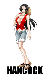 Rule 34 | 1girl, black hair, boa hancock, breasts, character name, chikaburo, cosplay, earrings, female focus, full body, hat, jewelry, large breasts, monkey d. luffy, monkey d. luffy (cosplay), one piece, sandals, solo, standing, straw hat, vest
