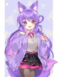Rule 34 | 1girl, :d, absurdres, animal ear fluff, animal ears, belt, byuyu, cardigan, commission, fangs, fox ears, fox girl, fox tail, highres, indie virtual youtuber, layered skirt, long hair, long sleeves, looking at viewer, miniskirt, open cardigan, open clothes, open mouth, pantyhose, pink belt, purple cardigan, red eyes, second-party source, shake (noripasuta), shirt, skeb commission, skirt, smile, tail, virtual youtuber, white shirt