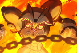 Rule 34 | 1boy, arms up, black sclera, blurry, blurry foreground, chain, closed mouth, colored sclera, duel monster, exodia the forbidden one, fiery background, fire, glowing, glowing eyes, kikken, leaning forward, looking at viewer, male focus, orange theme, red eyes, solo, standing, teeth, underlighting, upper body, yu-gi-oh!