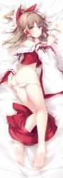 Rule 34 | 1girl, arm ribbon, ass, bare legs, bare shoulders, barefoot, bed sheet, blush, bow, brown hair, butt crack, clothes pull, commentary request, detached sleeves, frilled bow, frilled shirt collar, frills, from behind, full body, hair bow, hair tubes, hakurei reimu, half updo, hand up, long hair, long sleeves, looking at viewer, looking back, lying, miniskirt, mochizuki shiina, on stomach, panties, panty pull, parted lips, petticoat, red bow, red ribbon, red skirt, ribbon, ribbon-trimmed sleeves, ribbon trim, sidelocks, skirt, skirt pull, solo, thighs, touhou, underwear, white panties, wide sleeves, yellow eyes