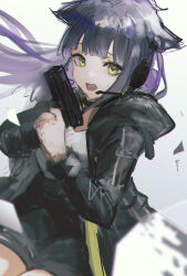Rule 34 | 1girl, absurdres, aiv, animal ears, arknights, black hair, black jacket, black shorts, cat ears, commentary request, floating hair, grey background, gun, handgun, headset, highres, holding, holding gun, holding weapon, hood, hood down, hooded jacket, jacket, jessica (arknights), long hair, long sleeves, open clothes, open jacket, purple hair, shirt, shorts, simple background, sketch, solo, weapon, white shirt