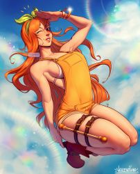 Rule 34 | 1girl, absurdres, bangle, bikini, bikini top only, boots, bracelet, breasts, brown footwear, clima-tact, day, full body, highres, jewelry, jumping, legs together, lens flare, lips, long hair, nami (one piece), nose, one eye closed, one piece, one piece: stampede, orange eyes, orange hair, orange overalls, overalls, shading eyes, shoulder tattoo, sideboob, skindentation, smile, solo, swimsuit, tattoo, thigh strap, valentina tavolilla, watermark, white bikini