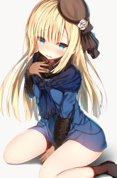 Rule 34 | 1girl, aqua eyes, beret, between legs, black footwear, black hat, black ribbon, blonde hair, blue dress, blush, boots, brown gloves, commentary request, dress, fate/grand order, fate (series), flower, fur-trimmed sleeves, fur trim, gloves, grey background, hair flower, hair ornament, hair ribbon, hand between legs, hand up, hat, highres, long hair, long sleeves, looking at viewer, lord el-melloi ii case files, nose blush, parted lips, reines el-melloi archisorte, ribbon, rose, shadow, sitting, solo, sune (mugendai), sweat, tilted headwear, very long hair, wariza, white flower, white rose