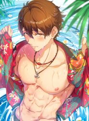 1boy abs absurdres akadashipopo anchor_necklace bead_necklace beads blush brown_hair closed_mouth collarbone ensemble_stars! flower hawaiian_shirt highres in_water jewelry looking_at_viewer male_focus morisawa_chiaki navel necklace nipples open_clothes open_shirt pectorals red_eyes red_shirt shirt solo toned toned_male water wet white_flower