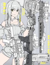 Rule 34 | 1girl, absurdres, assault rifle, bare shoulders, blonde hair, breasts, choker, collarbone, commentary, detached sleeves, girls&#039; frontline, gloves, grey background, greyscale, grin, gun, hair between eyes, highres, holding, holding weapon, holding wrench, m4 carbine, m4a1 (girls&#039; frontline), medium breasts, medium hair, minata (axl19941120), monochrome, multicolored hair, rifle, scope, shorts, smile, solo, spot color, streaked hair, upper body, watch, weapon, wrench, wristwatch, yellow eyes
