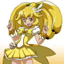 Rule 34 | 10s, 1girl, bad id, bad pixiv id, banana, blonde hair, bow, bowtie, choker, cure peace, double v, dress, food, fruit, hair flaps, hair ornament, hairpin, kise yayoi, long hair, magical girl, precure, rohitsuka, skirt, smile, smile precure!, solo, v, white background, wrist cuffs, yellow bow, yellow bowtie, yellow dress, yellow eyes, yellow skirt, yellow theme