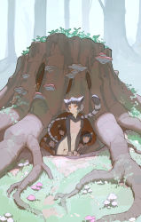 Rule 34 | 4girls, animal ears, closed mouth, commentary, completely nude, english commentary, flat chest, forest, glowing, glowing eyes, grass, grey hair, highres, lemur ears, lemur tail, looking at viewer, multiple girls, mushroom, nature, nipples, nude, orange eyes, original, outdoors, short hair, tail, thick eyebrows, timbougami, tree stump