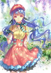 Rule 34 | 1girl, beret, dress, hair ornament, hat, highres, long hair, looking at viewer, low twintails, pink eyes, purple hair, red dress, scarf, shirt, short sleeves, solo, tidsean, twintails, underbust, very long hair, vocaloid, wind, xin hua, yellow shirt