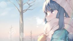 Rule 34 | 1girl, beanie, blue hair, blush, grey hat, hat, jacket, long hair, long sleeves, open mouth, outdoors, own hands together, parted lips, purple eyes, ringosutta, scarf, shima rin, sky, solo, tree, yurucamp