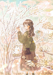 Rule 34 | 1girl, animal, bag, bare tree, black socks, blush stickers, branch, brown eyes, brown hair, brown skirt, bush, cable knit, carrying bag, curly hair, day, flower, green jacket, handbag, highres, holding, holding branch, jacket, long hair, long sleeves, looking at viewer, momochy, nature, original, pale color, pastel colors, plant, pouch, rabbit, skirt, sky, socks, spring (season), too many flowers, tree, white flower
