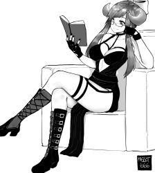 Rule 34 | 1girl, armchair, artist name, bare arms, bare shoulders, book, boots, bow, breasts, chair, clothing cutout, commission, cross-laced footwear, crossed legs, demon girl, demon horns, dress, fingerless gloves, full body, garter straps, glasses, gloves, greyscale, hair bow, heterochromia, highres, horns, lace-up boots, long hair, looking over eyewear, medium breasts, monochrome, navel cutout, norman maggot, pelvic curtain, reading, sidelocks, simple background, sitting, solo, white background