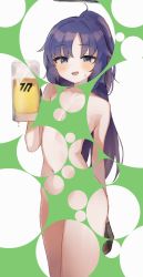 Rule 34 | 1girl, alcohol, beer, beer bottle, blue archive, breasts, epi zero, highres, looking at viewer, nude, small breasts, solo, twitter, wet, white background, yuuka (blue archive)
