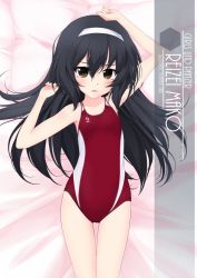 Rule 34 | 1girl, artist name, black hair, blush, brown eyes, character name, collarbone, competition swimsuit, copyright name, cowboy shot, flat chest, girls und panzer, hair between eyes, hairband, highres, inaba shiki, long hair, looking at viewer, lying, on back, one-piece swimsuit, red one-piece swimsuit, reizei mako, solo, swimsuit, white hairband